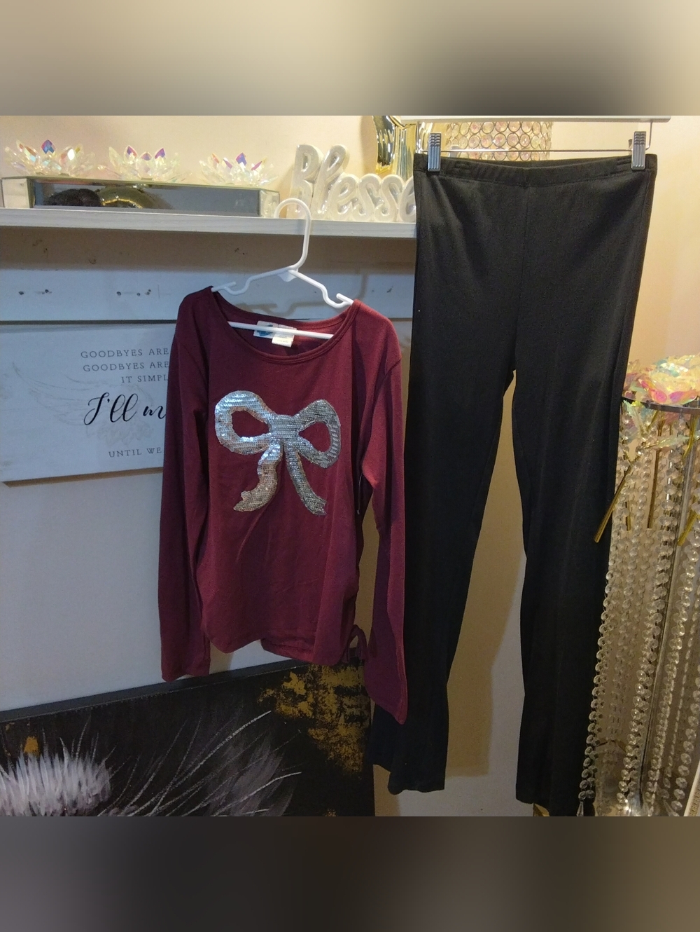 Girls Burgundy Long-Sleeve Top with Silver Sequin Bow With Black Pants Set